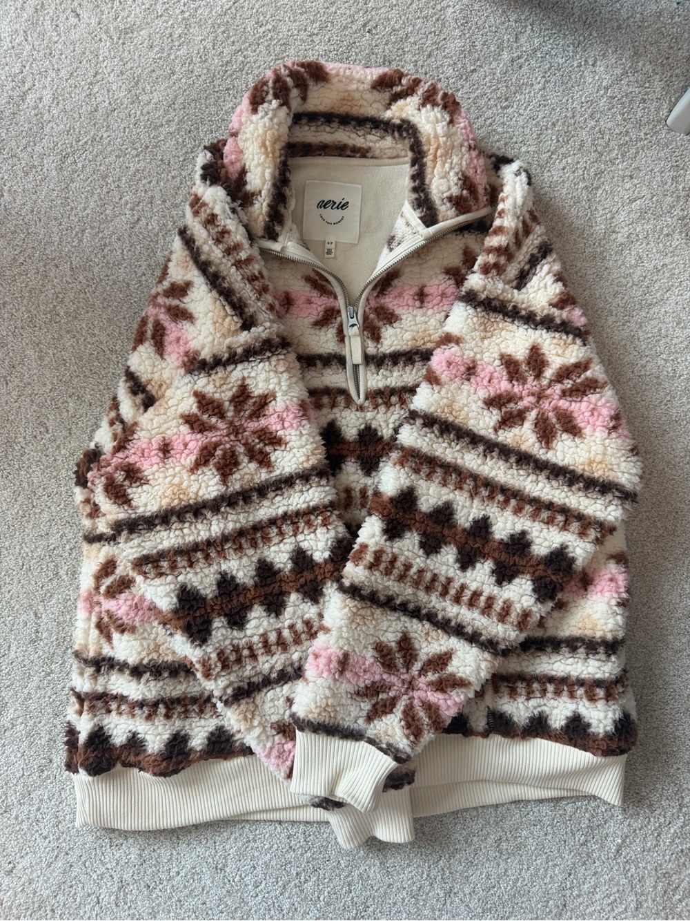 aerie Cream, Pink & Brown Sherpa Half-Zip Pullover
